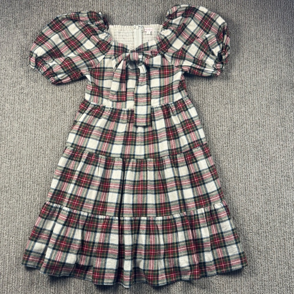 Ivy City Co Girls Plaid Midi Dress Red Green Holiday Puff Sleeve Tiered Size 8